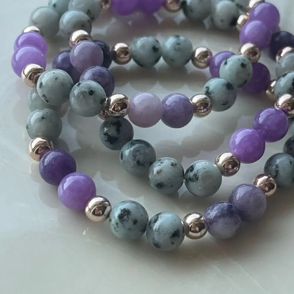 Lepidolite kiwi jasper rose gold tone ONE NEW stretch bracelet crystal stone med